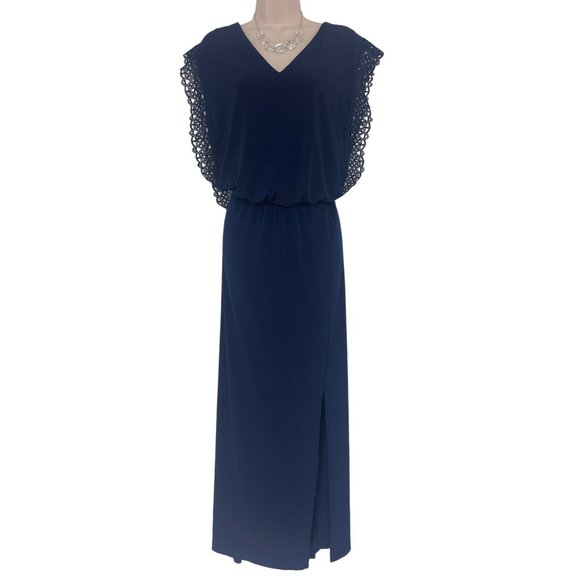 Dress Barn Dresses Size 6w 1x Navy Blue Lace Trim Blouson Maxi